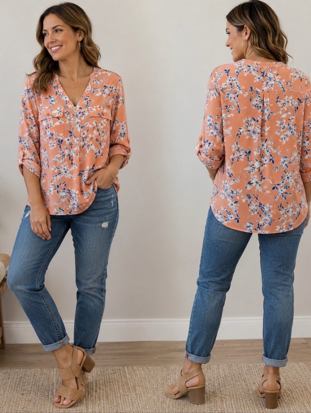 Valerie Stevens Women’s Large Coral Floral Zip-Front Blouse Coastal Casual Conte